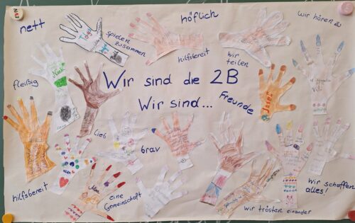 Ausgeschnittene und gestaltete Hände werden auf ein Klassenplakat geklebt