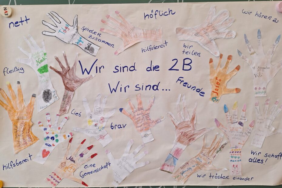 Ausgeschnittene und gestaltete Hände werden auf ein Klassenplakat geklebt
