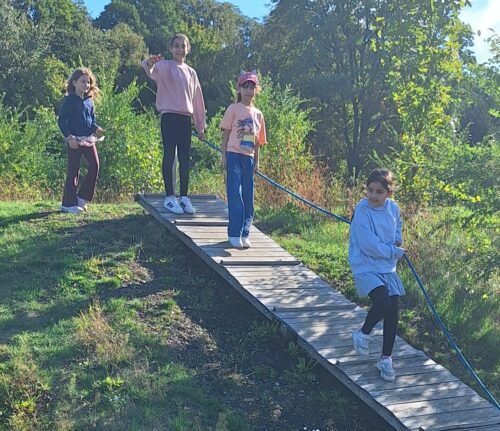 Kinder balancieren über Geräte im Motorikpark