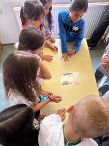 Kinder stehen um einen Tisch und besprechen gemeinsam ein Kärtchen