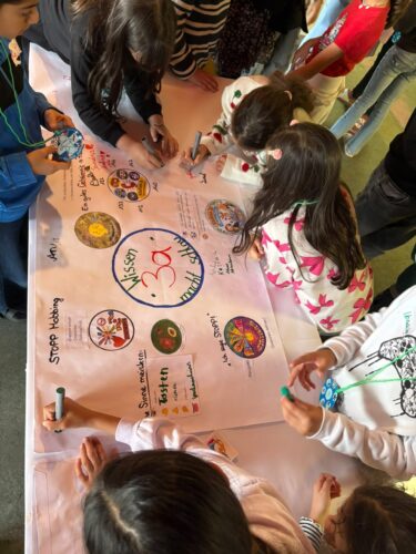Kinder stehen um einen Tische und gestalten gemeinsam ein großes Plakat